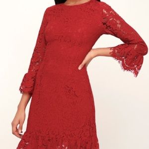 LULUs Flounce Red Lace Dress